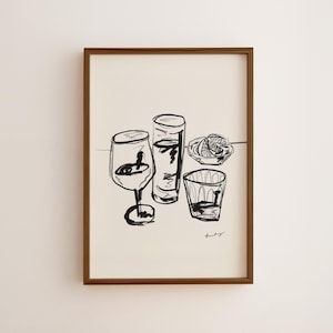 ハッピーアワー - 額入りアートプリント - 乾杯！Salud！Cin Cin！Prost！Santé！Kampai！カクテルとレモンを描いたモダンでミニマルなインクスケッチ