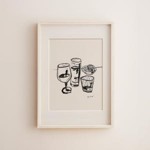 ハッピーアワー - アートプリント - 乾杯！Salud！Cin Cin！Prost！Santé！Kampai！カクテルとレモンのモダンでミニマルなインクスケッチ