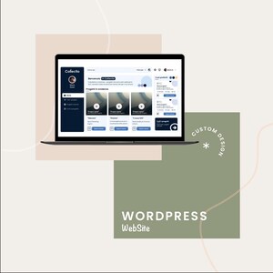Può includere: Uno schermo di laptop che mostra un sito web con il testo "Collectio" e "Benvenuto in Collectio". Il sito web presenta una dashboard con una foto del profilo, un elenco di progetti e una sezione per i progetti in evidenza. Il laptop è su una superficie rosa chiaro con uno sfondo verde e il testo "WORDPRESS WebSite" e "CUSTOM DESIGN" in bianco.