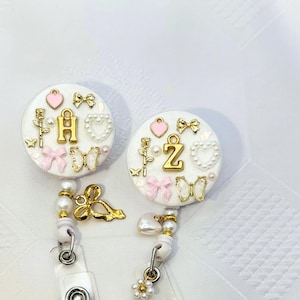 Coquette Initial Charm Badge Reel/Badge Holder- Pink Accents