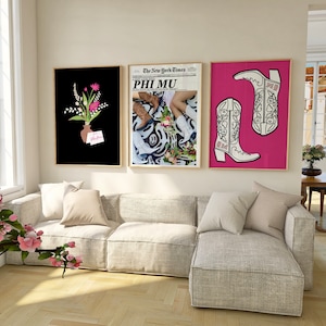 Phi MU 3 print wall decor/wall art set- newspaper, flowers, cowgirl boots(black,pink,white theme)