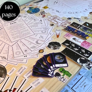 May include: A set of 140 printable pages for teaching about the Earth and space. The pages include illustrations, diagrams, and activities. There are also bookmarks with space-themed designs, stickers, and cards.