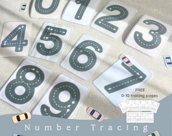 preschool Number Tracing Flashcards: Montessori Learning Cars & Roads (Digital Download)