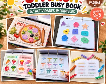 May include: A Spanish toddler busy book with 111 pages and 57 printable activities for ages 2-5. The book features interactive pages for learning shapes, healthy foods, months of the year, colors, and a pizza-making activity with cutouts.