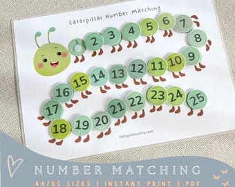 Learn to count Printable activity for preschool Toddler classroom and homeschooling pre k 1 caterpillar matching PDF Activity 1-25 numbers