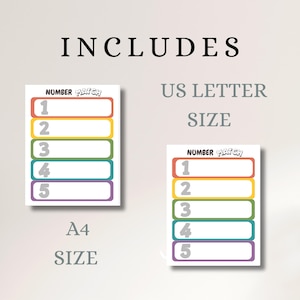 May include: Two printable sheets labeled NUMBER MATCH, each featuring five colored rectangular boxes numbered one through five. The text INCLUDES, US LETTER SIZE, and A4 SIZE is displayed, indicating the available paper formats for this activity.