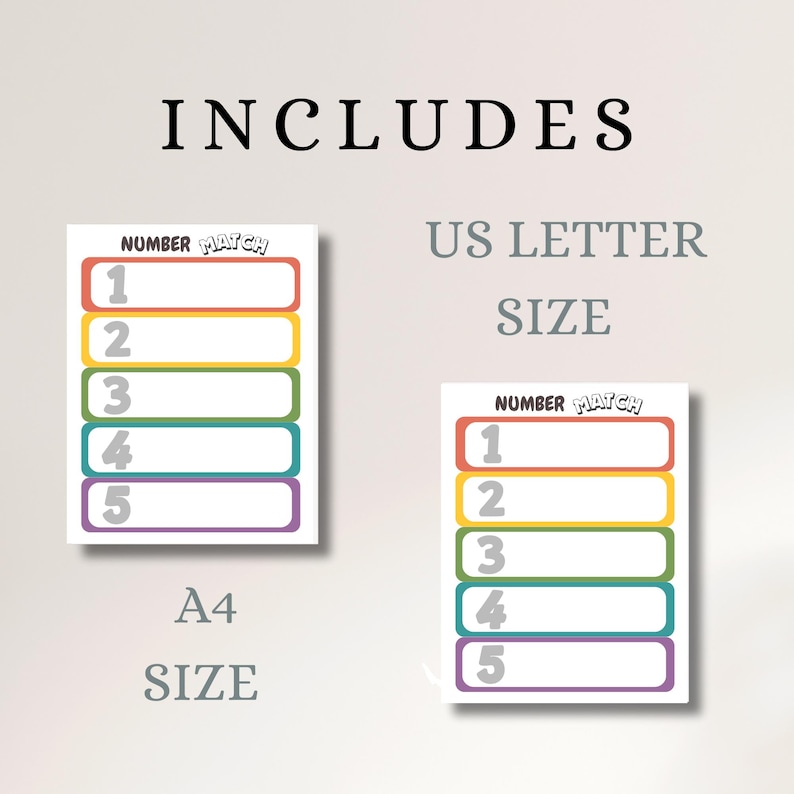 May include: Two printable sheets labeled NUMBER MATCH, each featuring five colored rectangular boxes numbered one through five. The text INCLUDES, US LETTER SIZE, and A4 SIZE is displayed, indicating the available paper formats for this activity.