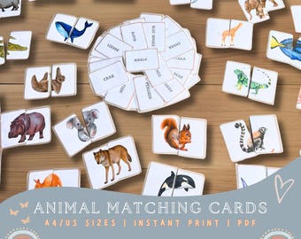 Watercolor Animal Matching cards printable | Montessori Learning game for pre k kids,  preschool toddlers