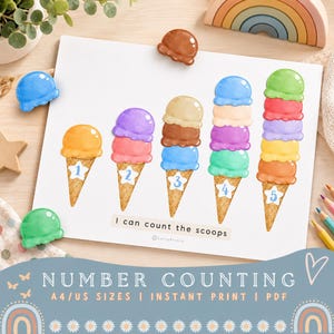 May include: A white educational print featuring five watercolor ice cream cones with increasing numbers of scoops from one to five. Each cone has a star with a number from one to five. The text reads I can count the scoops and LolisPrints.