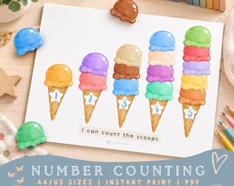 May include: A white educational print featuring five watercolor ice cream cones with increasing numbers of scoops from one to five. Each cone has a star with a number from one to five. The text reads I can count the scoops and LolisPrints.
