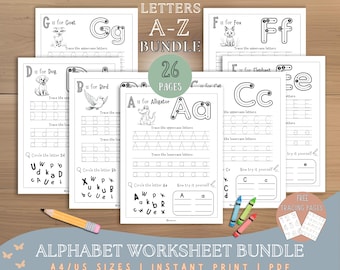 printable Alphabet letter Tracing Worksheet bundle for preschool , kindergarten kids,  Handwriting Practice (PDF)