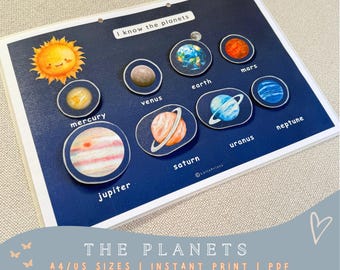 Planetas del Sistema Solar para imprimir en preescolar, jardín de infantes, actividad espacial Montessori, descarga instantánea (PDF)