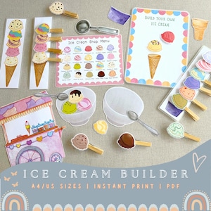 May include: A colorful ice cream builder set with various ice cream flavors, cones, and a menu. Includes a pink ice cream cart, scoops, and a "Build Your Own Ice Cream" sign. The set is designed for A4/US sizes and is an instant print PDF.