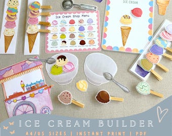 May include: A colorful ice cream builder set with various ice cream flavors, cones, and a menu. Includes a pink ice cream cart, scoops, and a "Build Your Own Ice Cream" sign. The set is designed for A4/US sizes and is an instant print PDF.