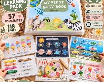Op de afbeelding: Een leerboek voor peuters getiteld My First Busy Book met 57 activiteiten en 118 pagina's. De set bevat interactieve bladen met planeten, voertuigen, het tellen van ijsbolletjes, kleuren matchen met kleurpotloden, pizzabeleg en gezonde voeding.