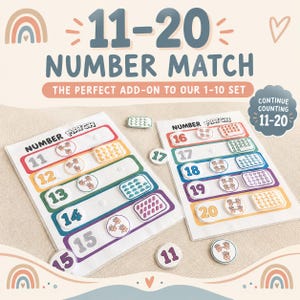 May include: Educational number matching activity set featuring two white sheets with colorful horizontal bars labeled 11 through 20. Each row includes a number, a circular token showing hand signs, and a rectangular token with corresponding object counts.