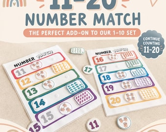 May include: Educational number matching activity set featuring two white sheets with colorful horizontal bars labeled 11 through 20. Each row includes a number, a circular token showing hand signs, and a rectangular token with corresponding object counts.