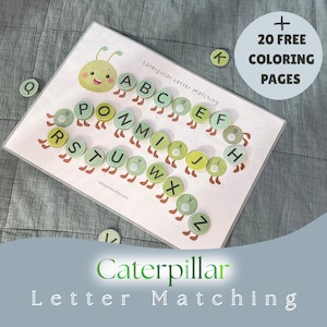 Actividad de emparejamiento de letras, imprimible de mayúsculas y minúsculas, actividades para niños pequeños en PDF, Montessori para niños pequeños, oruga ABC, alfabeto imprimible