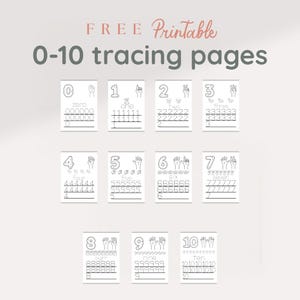 May include: A set of printable tracing pages featuring numbers 0-10. Each page displays a large numeral, the written word, hand signs, small icons, and rows of dotted lines for practice. The text reads FREE Printable 0-10 tracing pages.