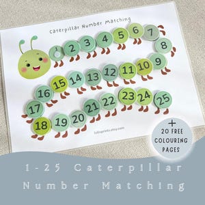 Caterpillar number Count 1-25 Matching Puzzle printable - Preschool Homeschool or Kindergarten velcro Activity for your Busy Book Binder