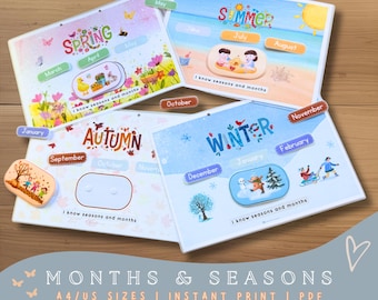 Actividad imprimible de las estaciones y los meses para niños pequeños / Página de libro Montessori / Carpeta de aprendizaje preescolar / Juego educativo de las 4 estaciones para niños