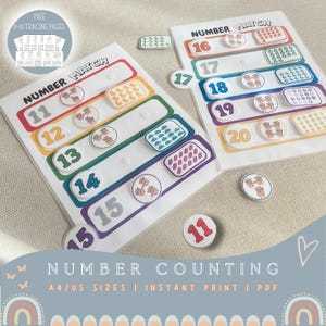 May include: Educational number matching game with colorful cards and matching number tokens. The cards feature numbers 11-20, with corresponding visual representations. The game includes a free 0-10 tracing pages. The text "NUMBER COUNTING" is displayed at the bottom.