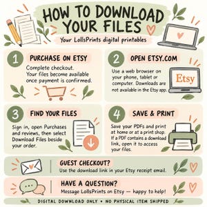 May include: An instructional graphic titled HOW TO DOWNLOAD YOUR FILES for LollsPrints digital printables. It outlines four steps: purchase on Etsy, open Etsy.com, find your files, and save and print. Includes icons of a pencil, laptop, shopping cart, document, printer, envelope, and speech bubbles.