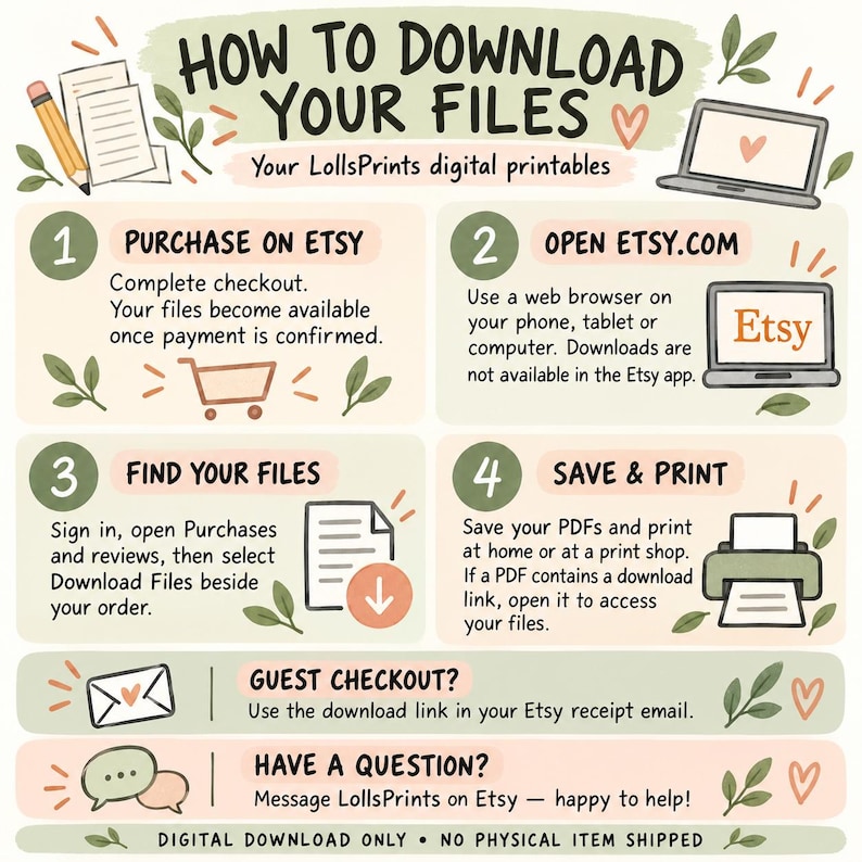 May include: An instructional graphic titled HOW TO DOWNLOAD YOUR FILES for LollsPrints digital printables. It outlines four steps: purchase on Etsy, open Etsy.com, find your files, and save and print. Includes icons of a pencil, laptop, shopping cart, document, printer, envelope, and speech bubbles.