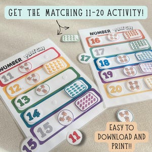 May include: Two educational number matching activity sheets with colorful rows for numbers 11 through 20. Each row features a large numeral, a set of hand signs, and a group of objects. Text includes GET THE MATCHING 11-20 ACTIVITY! and EASY TO DOWNLOAD AND PRINT!!