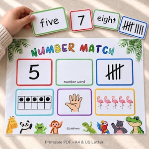 May include: A laminated educational number match activity sheet featuring the text NUMBER MATCH, a grid with the number 5, a tally mark box, a ten-frame, a hand illustration, and five flamingos, with animal graphics at the bottom.