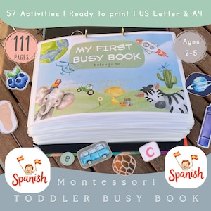 Puede incluir: Un libro de actividades para niños pequeños titulado "My First Busy Book" con el texto "belongs to" está abierto. El libro, diseñado para niños de 2 a 5 años, tiene 111 páginas. La portada presenta ilustraciones de un cohete, un elefante y una cebra.