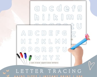 May include: Two white letter tracing worksheets with uppercase and lowercase alphabets in blue outline. A blue pen with a butterfly topper is held by a hand. Four colorful markers are on the left. The text reads "LETTER TRACING" and "A4/US SIZES | INSTANT PRINT | PDF".