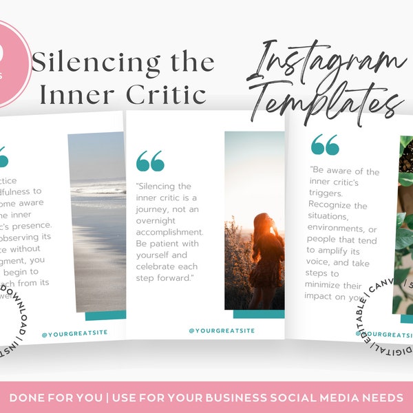 50 Silence the Inner Critic Instagram Post Templates | Done for You | Editable | Digital | Ready to Use | Mental Health Wellness | Canva