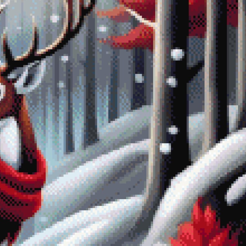 May include: A digital painting of a winter forest scene. A deer wearing a red scarf is on the left, with a snowy landscape and trees in the background. The trees are dark with white snow on the ground.