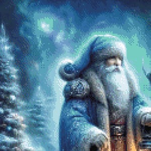 Puede incluir: Una pintura digital de Pap&aacute; Noel en una escena invernal. Lleva un abrigo y un gorro azules con una larga barba blanca. El fondo presenta un bosque nevado y un cielo estrellado.