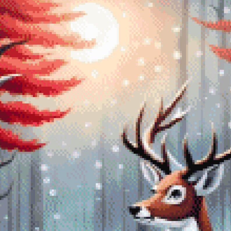 May include: Pixelated illustration of a deer with large antlers in a snowy forest scene. The deer has brown fur and is set against a backdrop of falling snow, a bright sun, and red-leafed trees. The artwork has a winter theme.