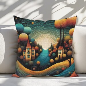 May include: A decorative pillow featuring a pixelated landscape scene. The design includes a river, trees, and buildings in shades of orange, blue, and yellow. The pillow is square and rests on a white surface.
