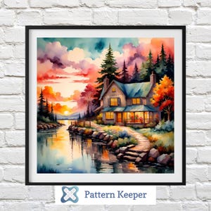 Haus am Wasser, Berge Kreuzstichvorlage Aquarell Landschaftsmuster, Handarbeitsmuster, DIY Stickarbeit