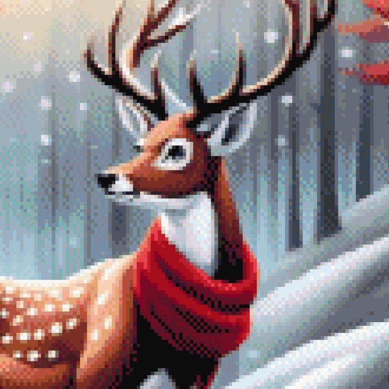 May include: A pixelated illustration of a deer in a snowy forest. The deer has brown fur, large antlers, and a red scarf. White spots are visible on the deer's body. The background features snow-covered trees and falling snowflakes.
