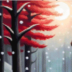 May include: Pixelated artwork of a winter forest scene. The image features dark tree trunks with red foliage, set against a backdrop of a bright, pixelated sun and falling snow. The color palette includes shades of red, black, white, and blue.