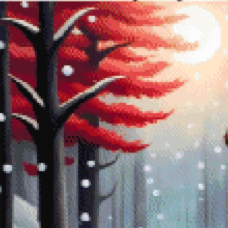 May include: Pixelated artwork of a winter forest scene. The image features dark tree trunks with red foliage, set against a backdrop of a bright, pixelated sun and falling snow. The color palette includes shades of red, black, white, and blue.