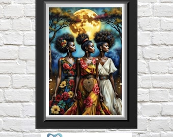 Three Beauties, African Women Cross Stitch Chart, Embroidery Pattern, Needlework Design, DIY Home Decor, Textile Art, Craft Supplies