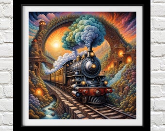 Fantastic Train,  Counted Cross Stitch Patterns - Printable Chart PDF Format Needlework Embroidery Crafts DIY DMC color