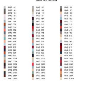 May include: A color chart labeled "Red Christmas" with DMC thread colors. The chart displays a variety of shades, including reds, browns, and neutrals, with each color identified by a DMC number.