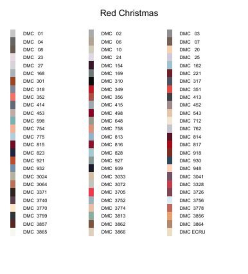 May include: A color chart labeled "Red Christmas" with DMC thread colors. The chart displays a variety of shades, including reds, browns, and neutrals, with each color identified by a DMC number.