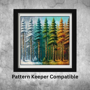 May include: A framed art print depicting a forest scene with trees in various colors, including white, teal, green, and orange. The artwork is framed in a black frame and includes the text "Pattern Keeper Compatible" at the bottom.