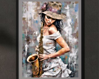 Saxophone Beauty,  Counted Cross Stitch Patterns - Printable Chart PDF Format Needlework Embroidery Crafts DIY DMC color