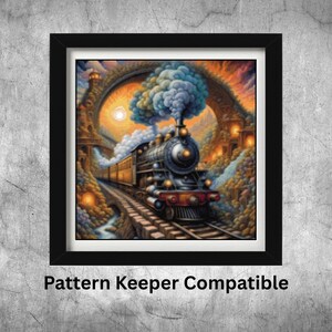 May include: Framed artwork featuring a detailed illustration of a vintage steam train traveling on a track. The train is black and gold, with a large plume of blue and white smoke. The background includes a bridge, buildings, and a sunset. The text "Pattern Keeper Compatible" is at the bottom.