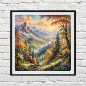 Blick auf die Berge, Kreuzstichmuster Bergblick Landschaft, Wildnis, Bergkette Stickerei Vorlage