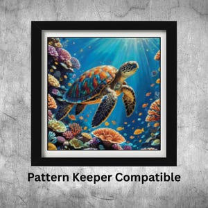 May include: Framed art print featuring a colorful sea turtle swimming in a vibrant underwater scene. The artwork showcases the turtle with a patterned shell, surrounded by coral and fish, set against a blue background. The text "Pattern Keeper Compatible" is at the bottom.